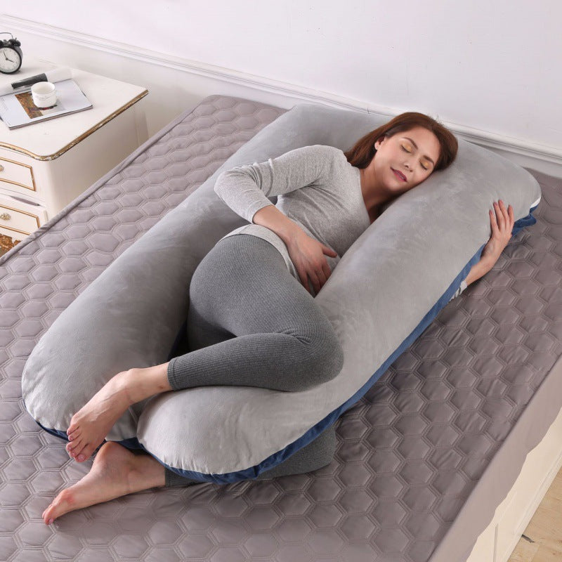 ergonomic U-shaped full-body maternity support pillow with removable washable velour cover and adjustable inner bolster Stornfield