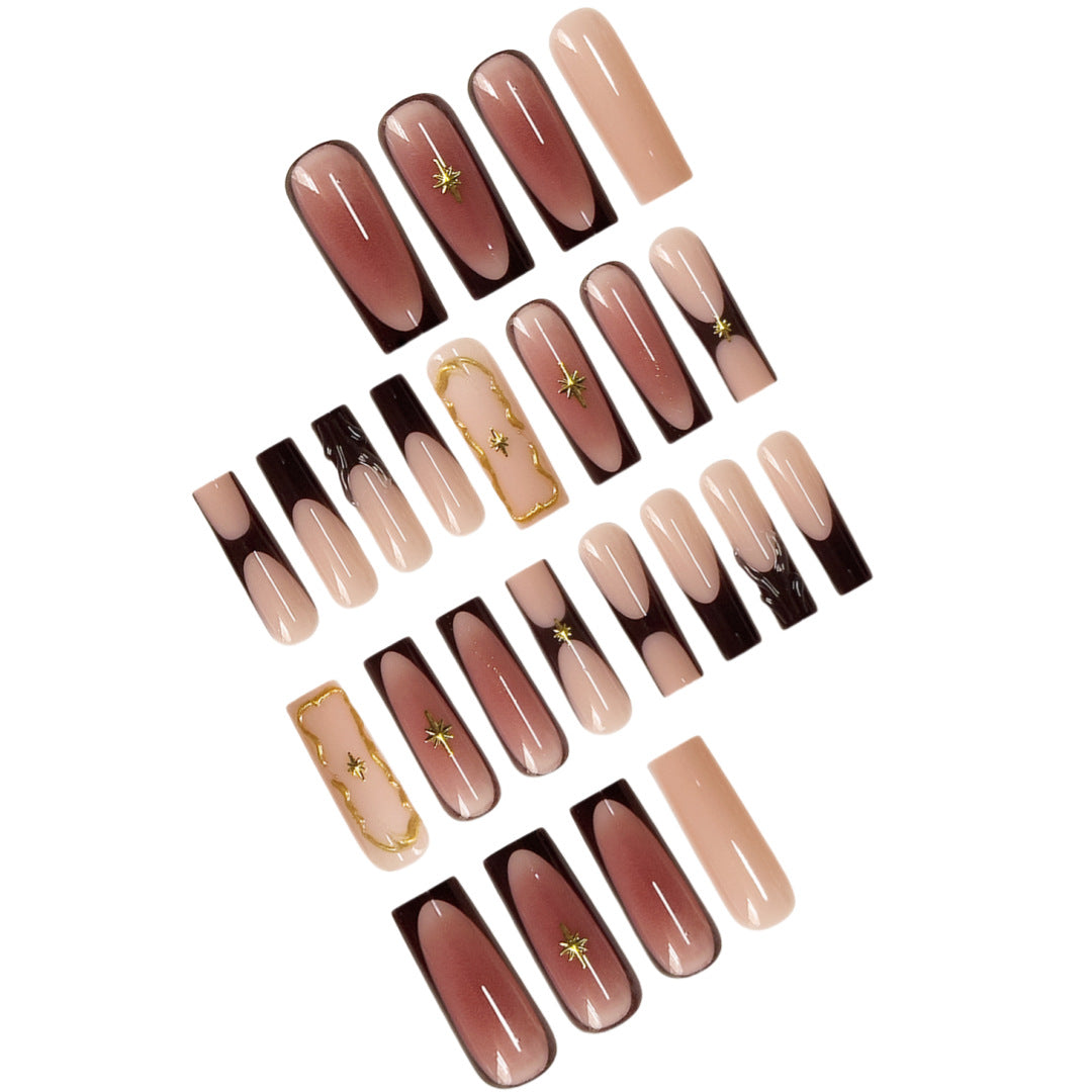 Artistic Long Press-On Nail Art Extensions with Gold Detailing Stornfield