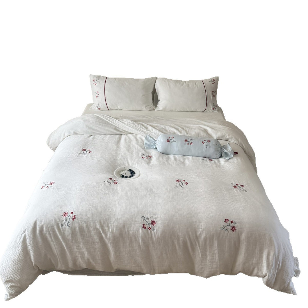 Embroidered Cotton Gauze Duvet Cover Set with Floral Motif and Envelope Pillow Shams