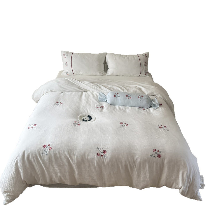 Embroidered Cotton Gauze Duvet Cover Set with Floral Motif and Envelope Pillow Shams