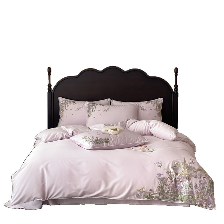 Elegant cotton satin bedding set with fine floral embroidery and Paris motif