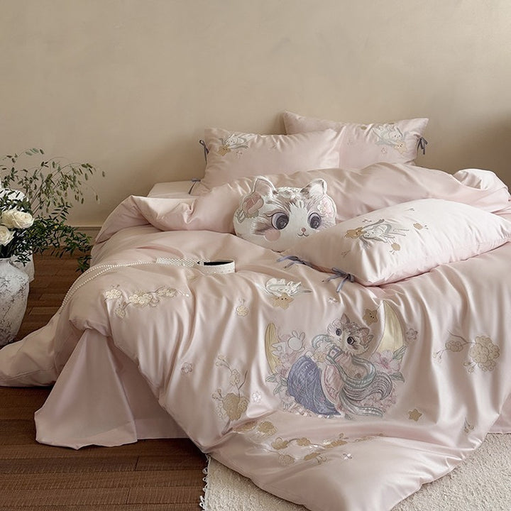 Exclusive satin bed linen set with detailed embroidery of cats and moon motif
