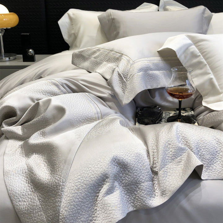 Hotel-Style Organic Cotton Duvet Cover Set with Woven Border and Envelope Pillowcases