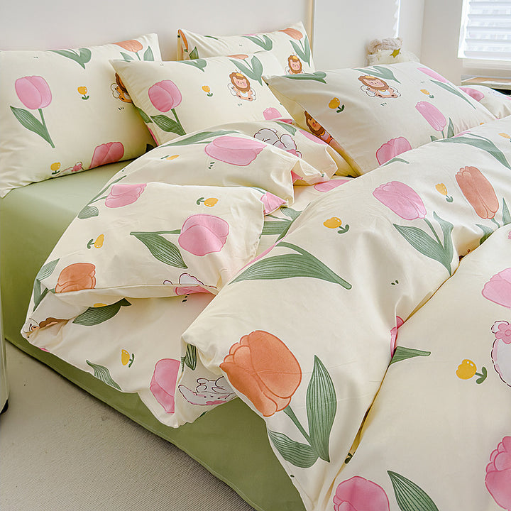 Rose-Print Cotton Sateen Duvet Cover Ensemble with Hypoallergenic Down-Alternative Comforter