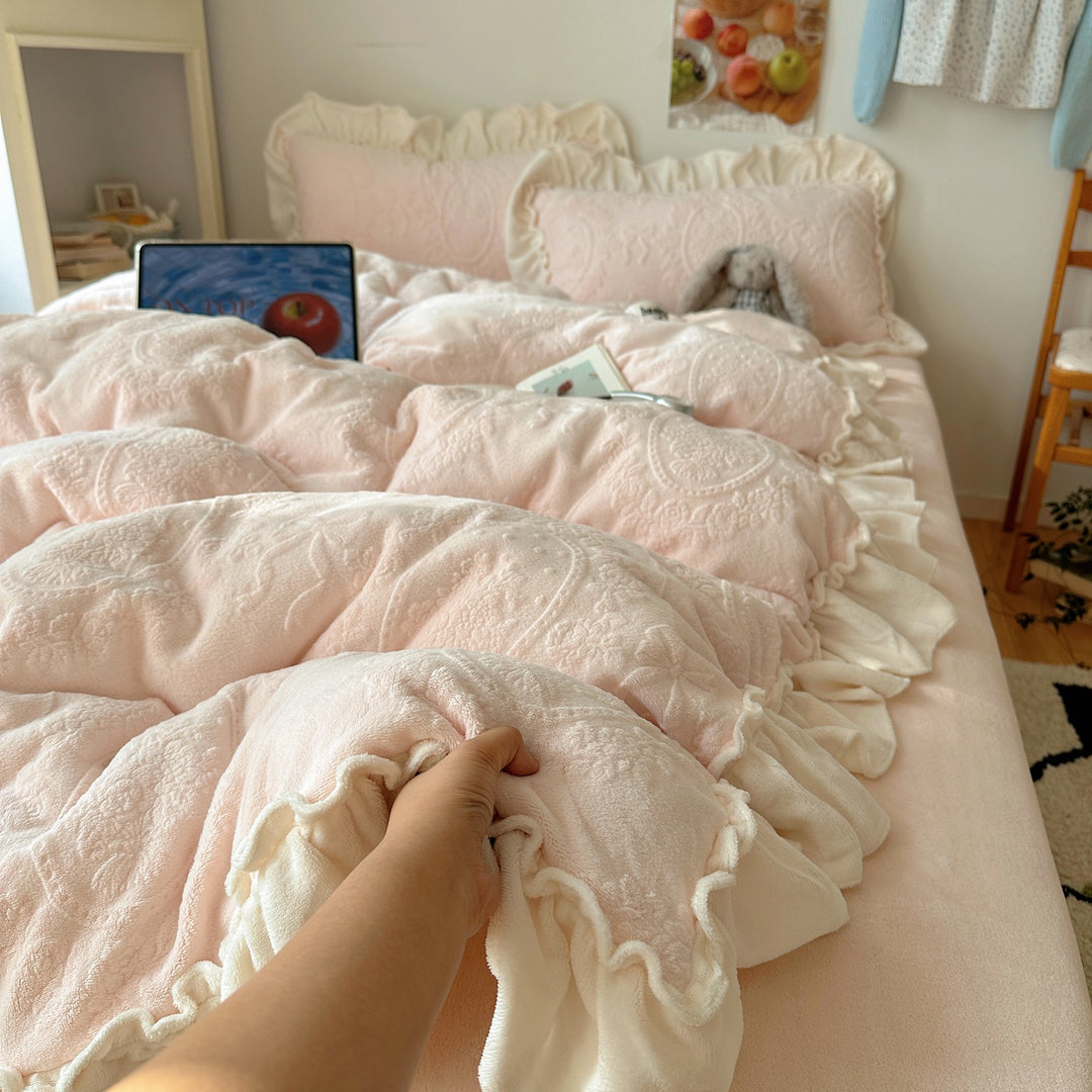 Plush Ruffled Embossed Velvet Comforter Set with Layered Frill Shams