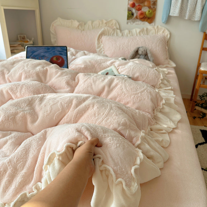 Plush Ruffled Embossed Velvet Comforter Set with Layered Frill Shams