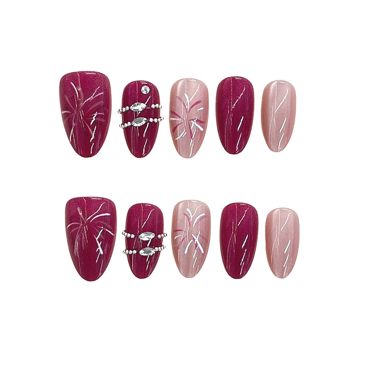 Artistic Press-On Nail Set with Floral Patterns and Gem Accents Stornfield