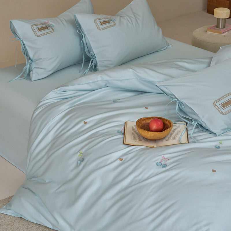 Embroidered Cherry Motif Cotton Percale Duvet Cover Set with Ribbon-Tie Pillow Shams