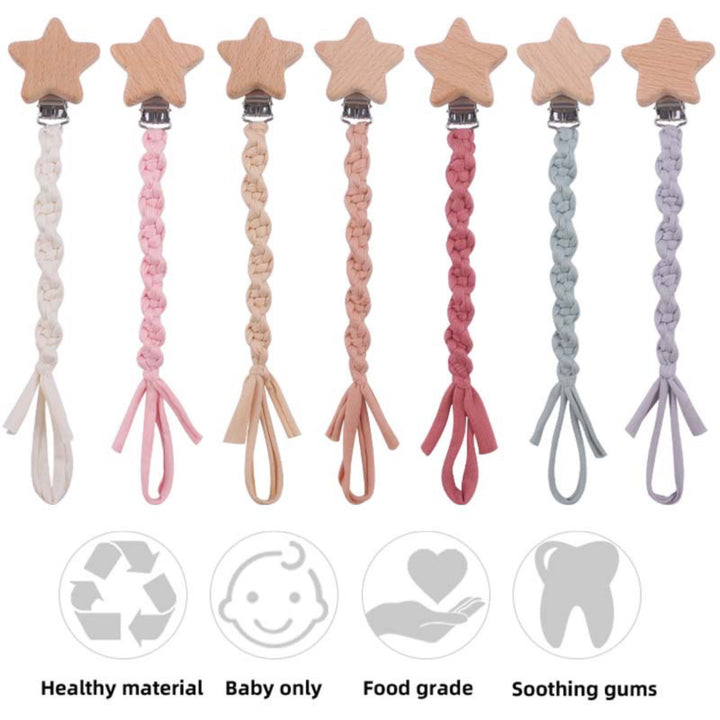 Wooden Star Pacifier Clip with Braided Cotton Strap