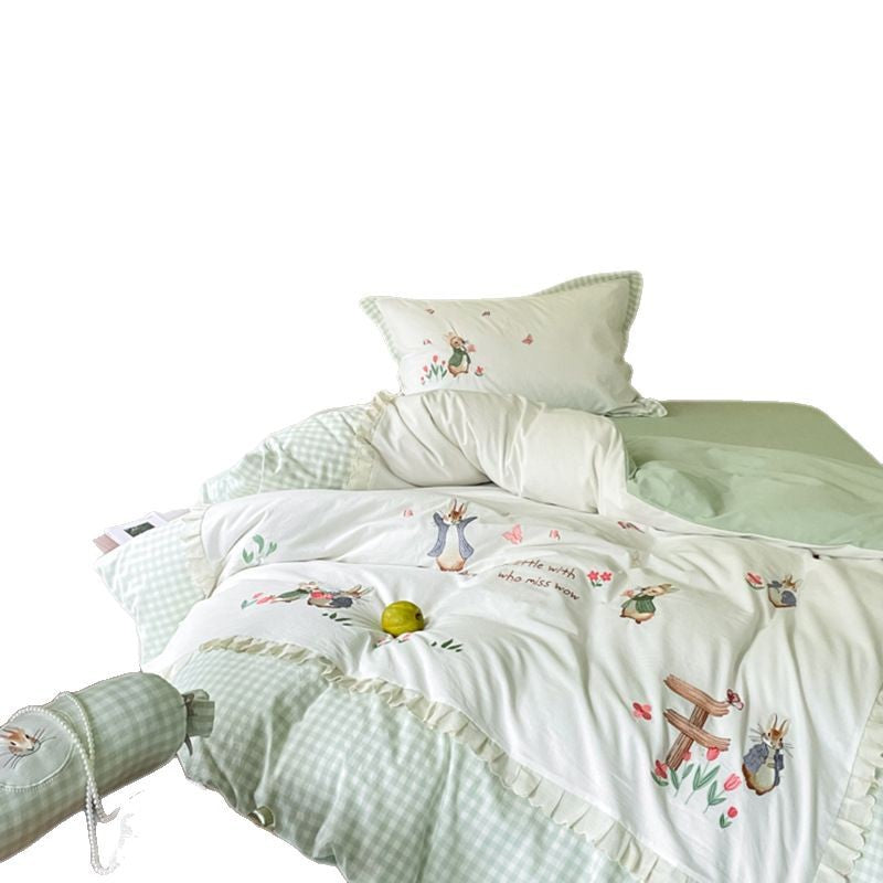 Embroidered Gingham Picnic-Illustration Cotton Duvet Cover Bedding Set