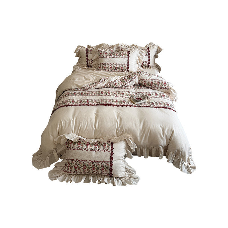 Floral-Striped Ruffled Cotton-Linen Duvet Cover Set with Crochet Lace Trim