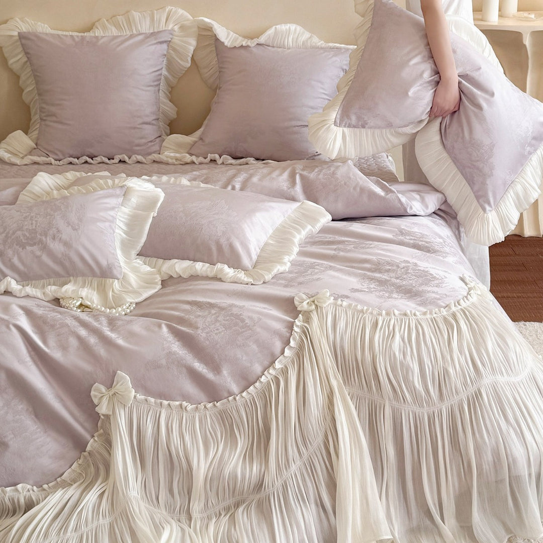 Luxe Pleated Voile & Jacquard Ruffled Duvet Ensemble with Frilled Euro Shams