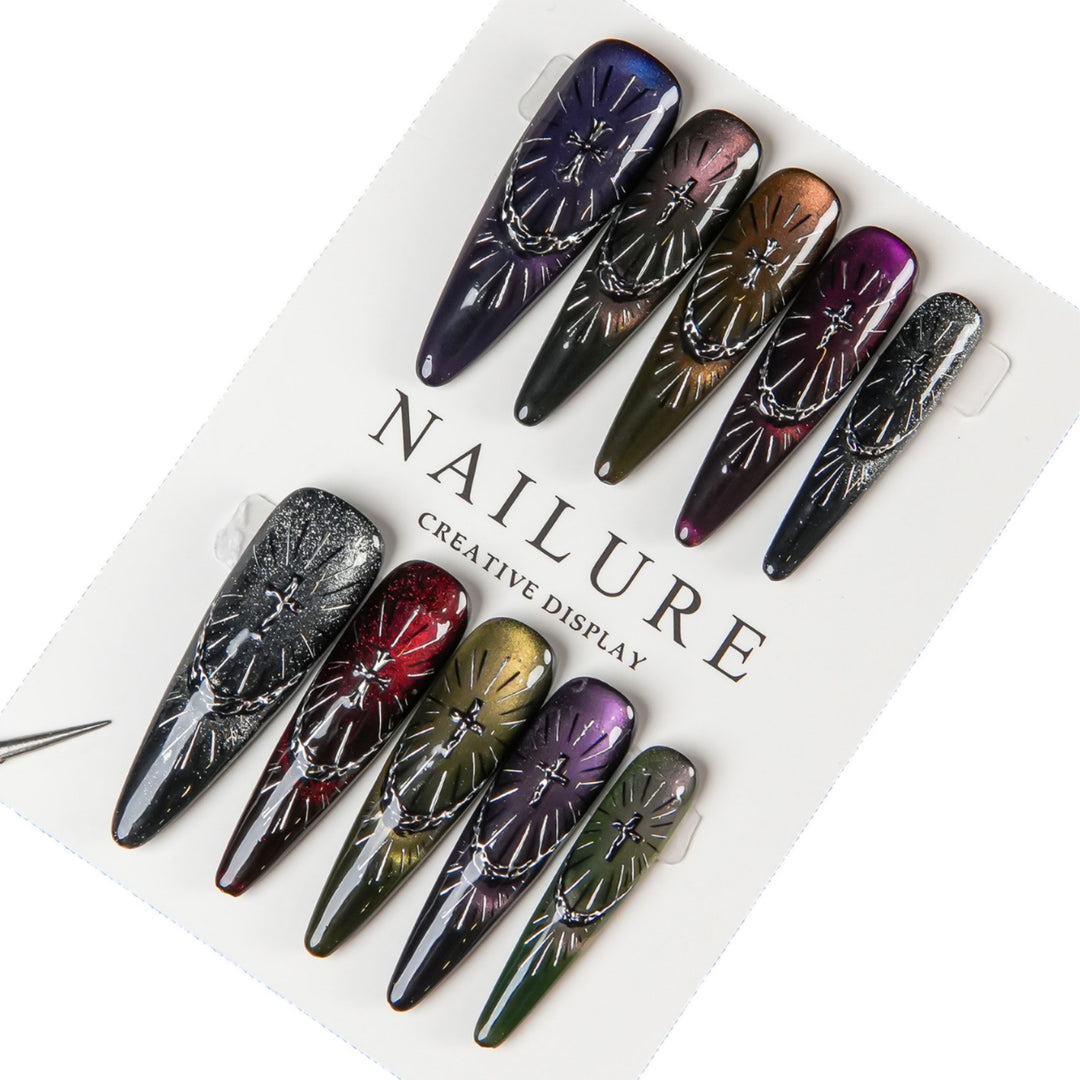 Artistic Press-On Nail Set with Unique Cross Patterns