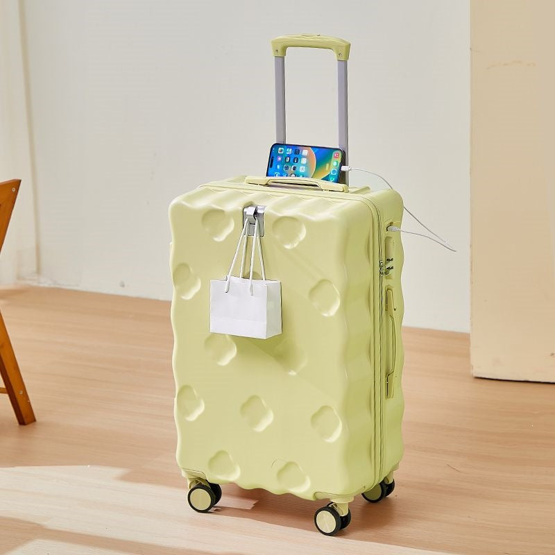 hard-shell carry-on suitcase with integrated foldable cup holder phone cradle USB charging port and external bag hooks Stornfield