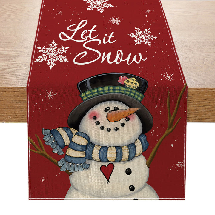 Buffalo-Edge Cotton-Linen Christmas Table Runner with Merry Christmas Tree Art