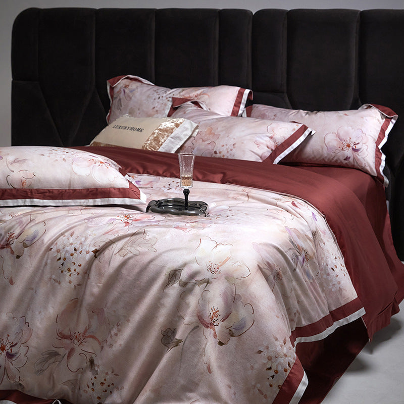 Fine woven satin bedding set with watercolor floral print, satin edge & hotel closure