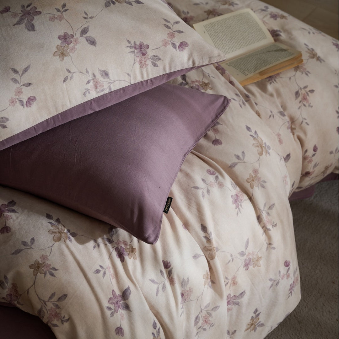 Floral Cotton Sateen Reversible Duvet Cover Set with Solid-Back Oxford Shams