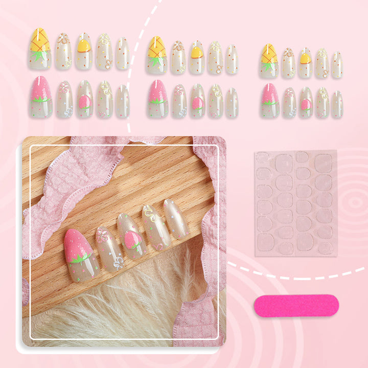 Playful Strawberry and Floral Press-On Nail Art Set