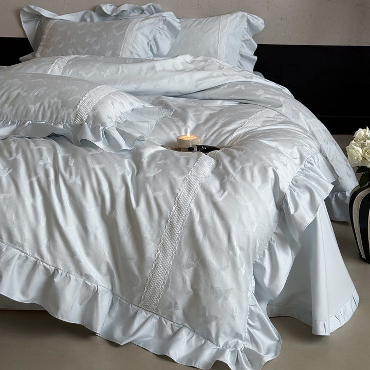 Ruffled Jacquard Butterfly Cotton-Sateen Duvet Cover Set