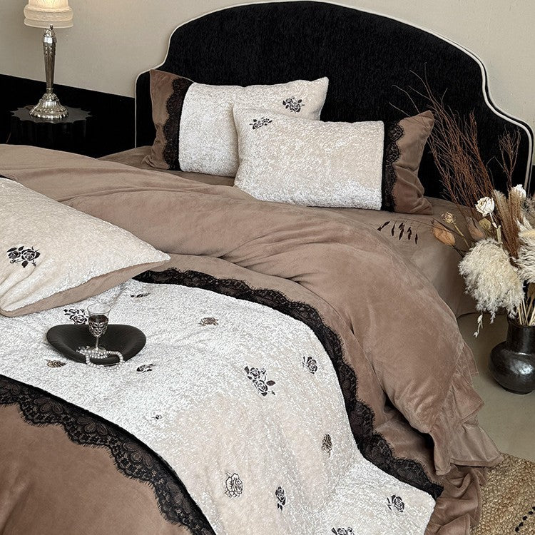 Embroidered Ruffled Duvet Cover Set with Black Lace Trim