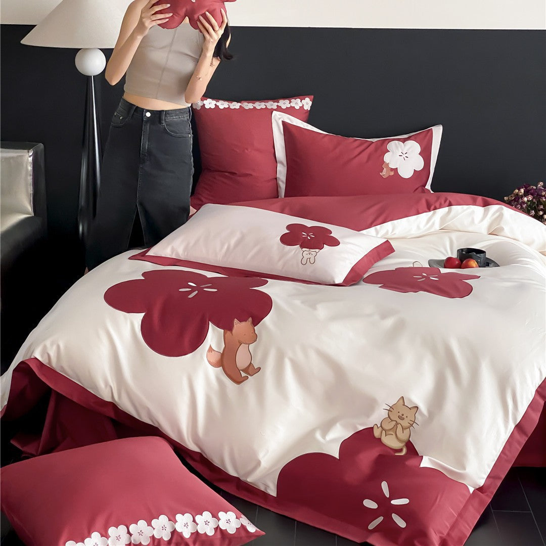Cotton Sateen Duvet Cover Set with Embroidered Fox and Cat Appliqué