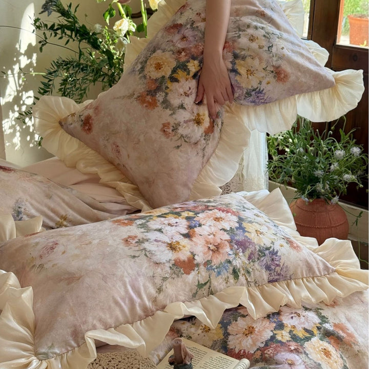 Floral Satin Ruffled Duvet Cover Set with Ruched Bedskirt & Decorative Pillow Shams