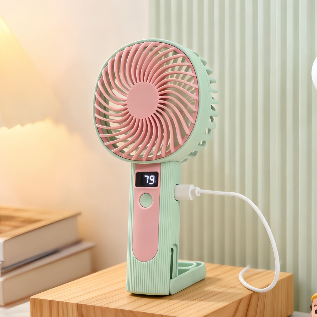 Women's Portable Handheld Fan with Digital Temperature Display and USB Charging Function Stornfield