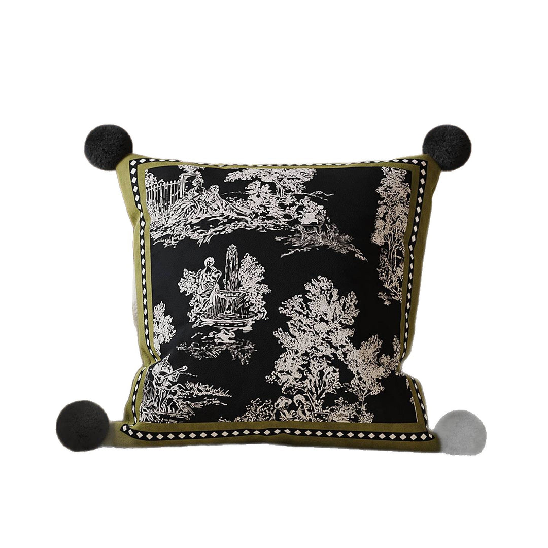 Square Decorative Toile Print Cushion Cover with Corner Pom-Pom Trims and Hidden Zipper