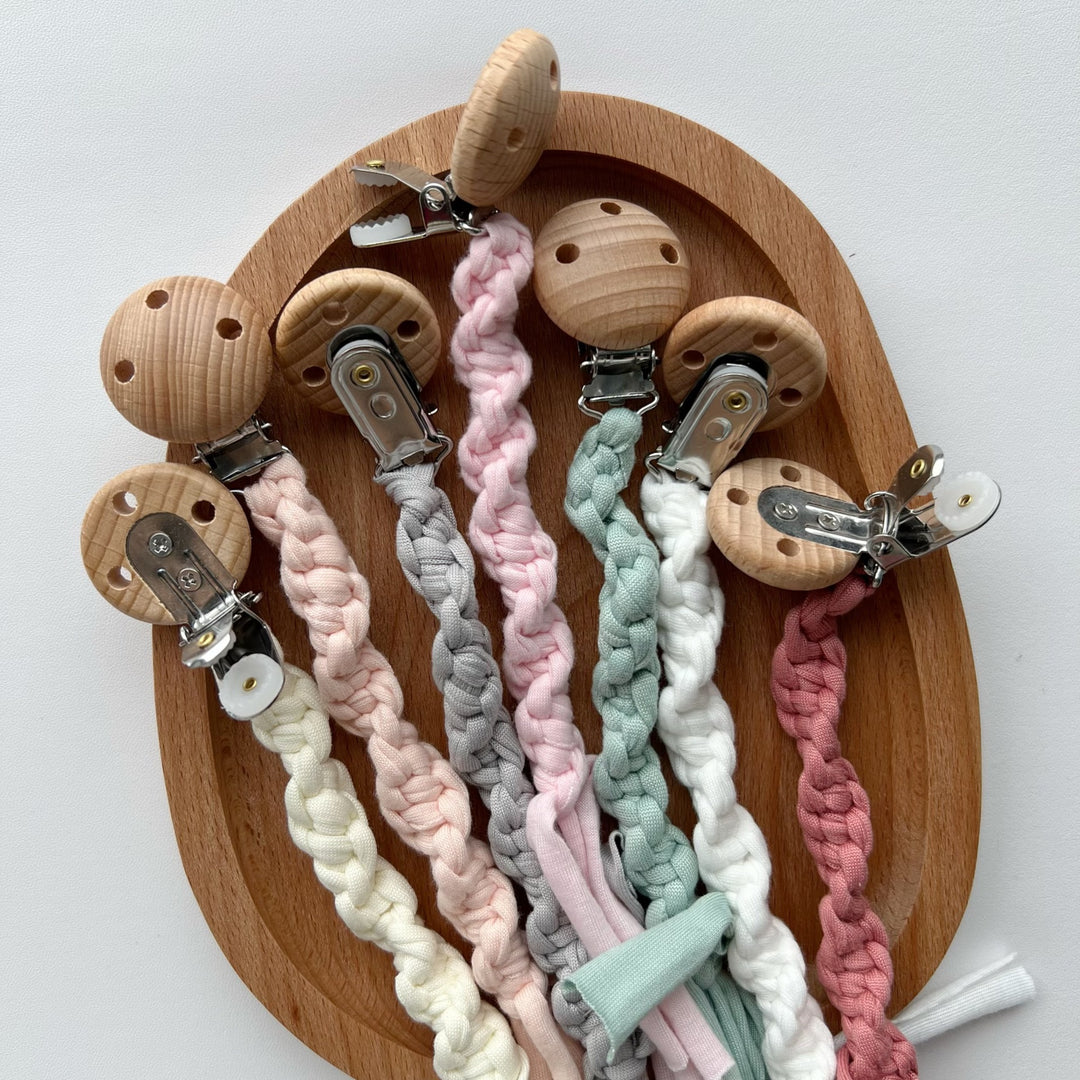 Braided Cotton Pacifier Clip with Wooden Safety Clamp