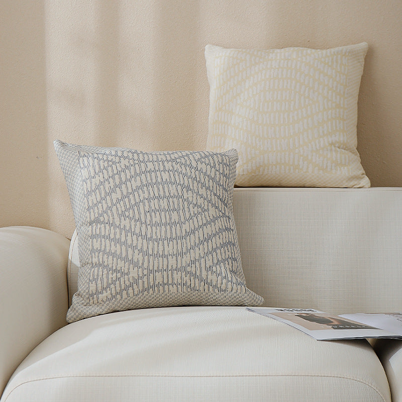 Square sofa decorative cushion with fine woven relief structure and central circle ornament