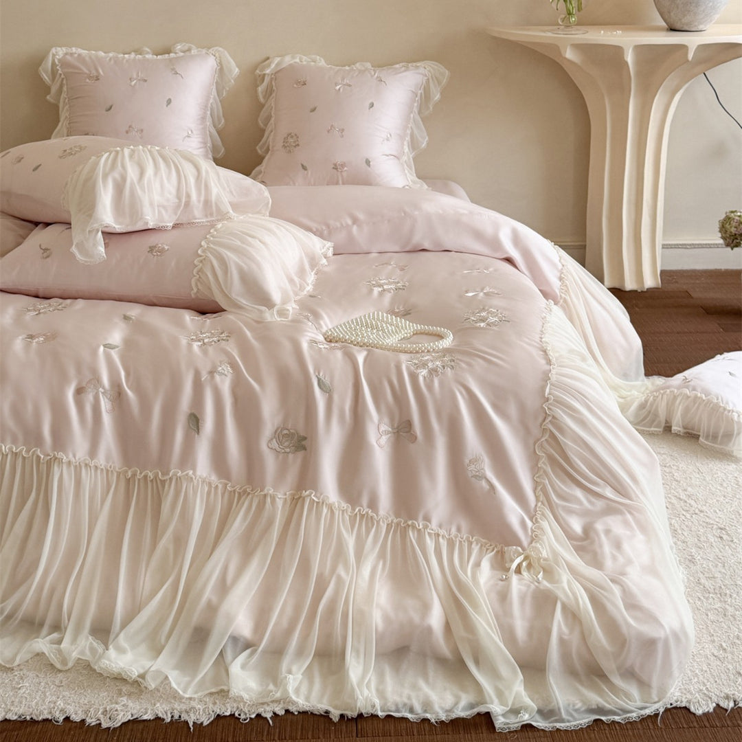 Luxury Satin-Blend Embroidered Comforter Ensemble with Sheer Ruffled Skirt & Decorative Bolster