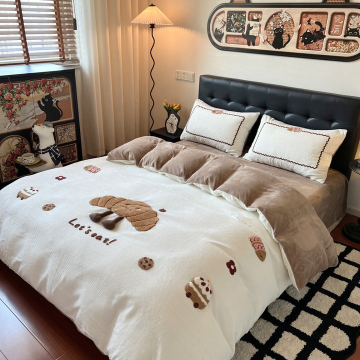 Plush Quilted Teddy Appliqué Reversible Comforter Set with Embroidered Pillow Shams