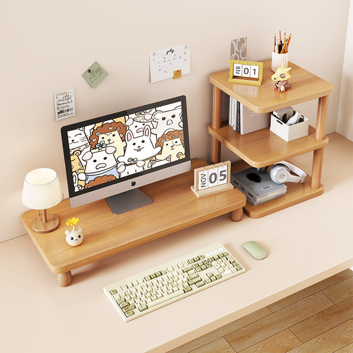 Solid Wood Monitor Riser with Tiered Desk Organizer and Cable Management