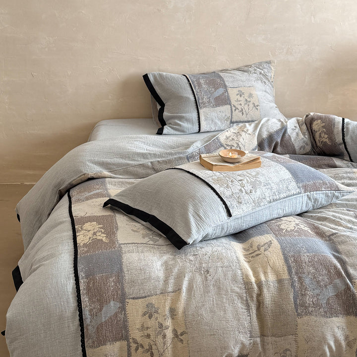 Reversible Patchwork Linen Cotton Duvet Cover Set with Floral Block Print and Piped Edge