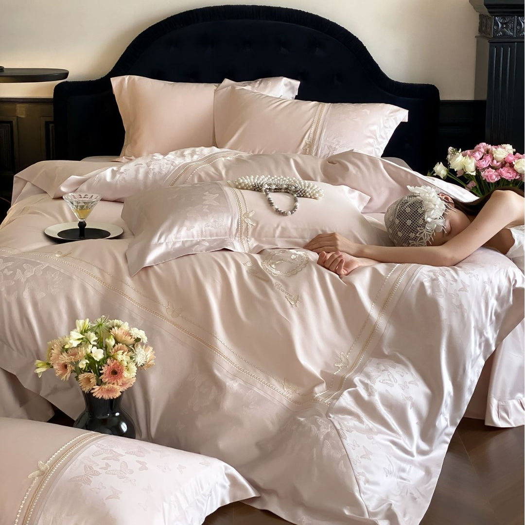 Silky Embroidered Butterfly Jacquard Duvet Cover Set with Decorative Pillow Shams