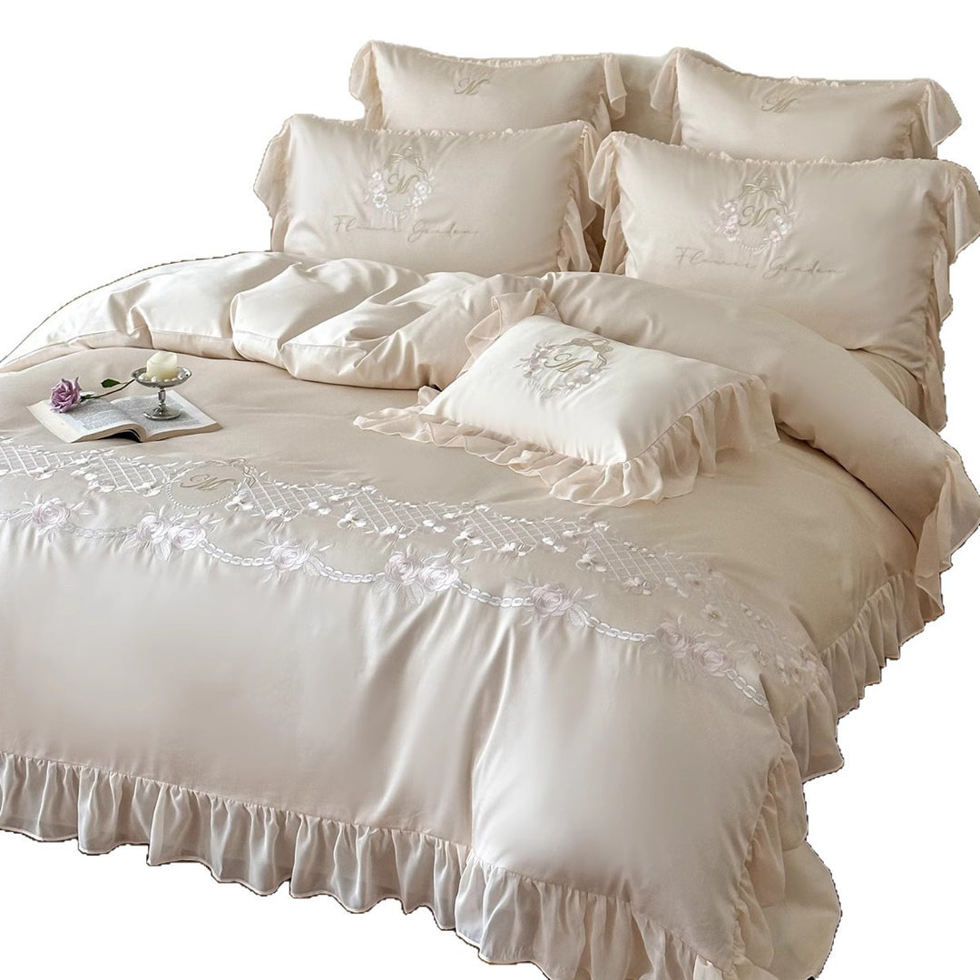 Romantic Ruffle-Trim Satin-Blend Floral Embroidered Duvet Cover Set