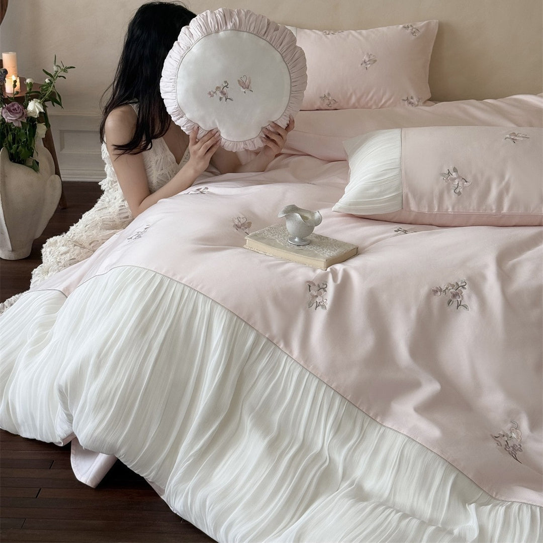 Embroidered Romantic Pleated Cotton-Sateen Duvet Cover Set