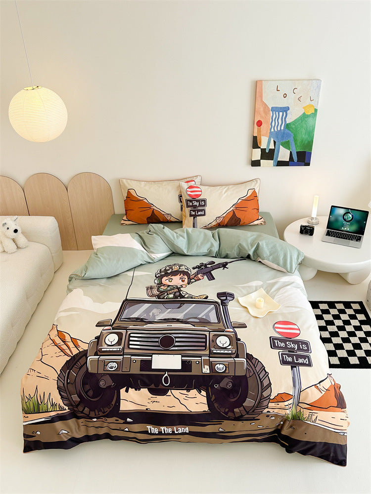 Children's bedding set with off-road jeep adventure illustration and soft cotton mix