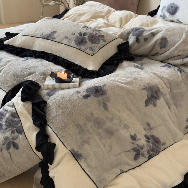 Plush Rose-Print Faux-Fur Quilted Duvet Cover & Ruffled Sham Set