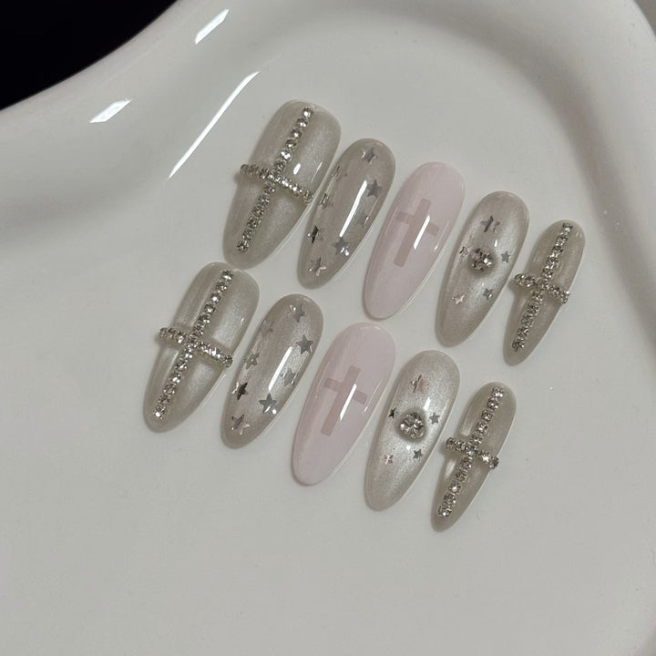 Decorative Press-On Nail Art Set with Glamorous Star and Cross Designs