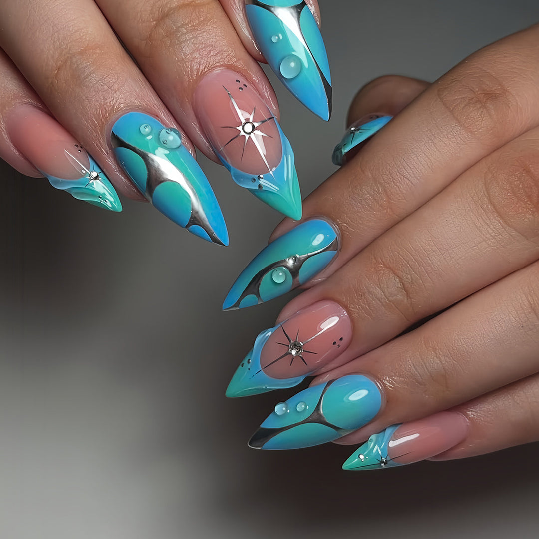 Artistic Stiletto Press-On Nail Extensions with Unique 3D Design Stornfield