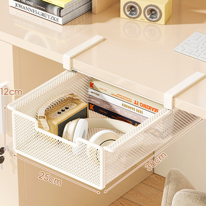 Under-Desk Hanging Mesh Storage Drawer with Clamp Mount