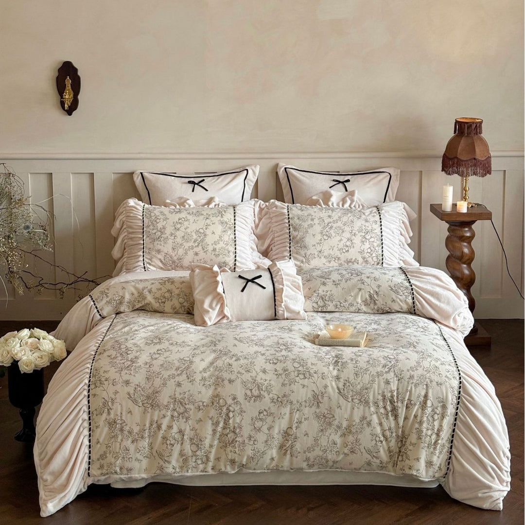 Romantic cotton satin bed linen set with ruffles, floral toile look and decorative pillow