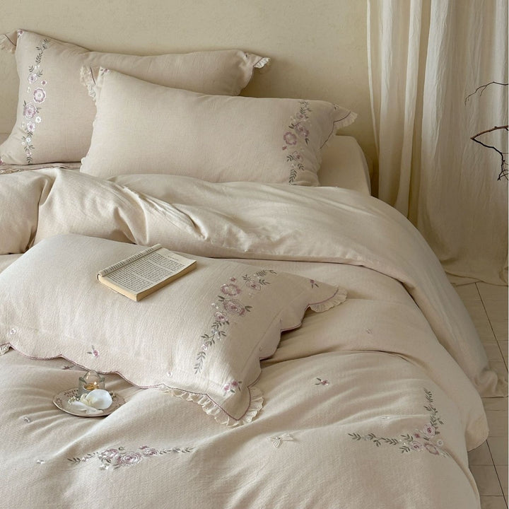 Embroidered Linen-Blend Duvet Cover Set with Scalloped Ruffle Shams