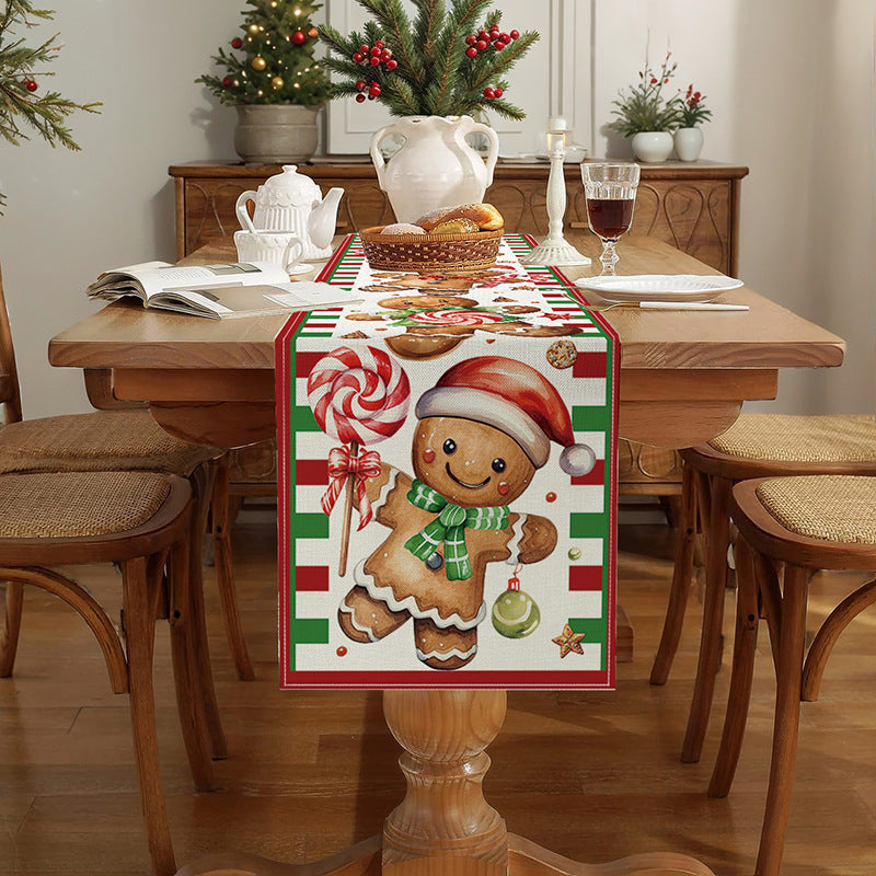 Linen-Texture Cotton-Blend Christmas Table Runner with Burlap Trim and Winter Tree Illustration