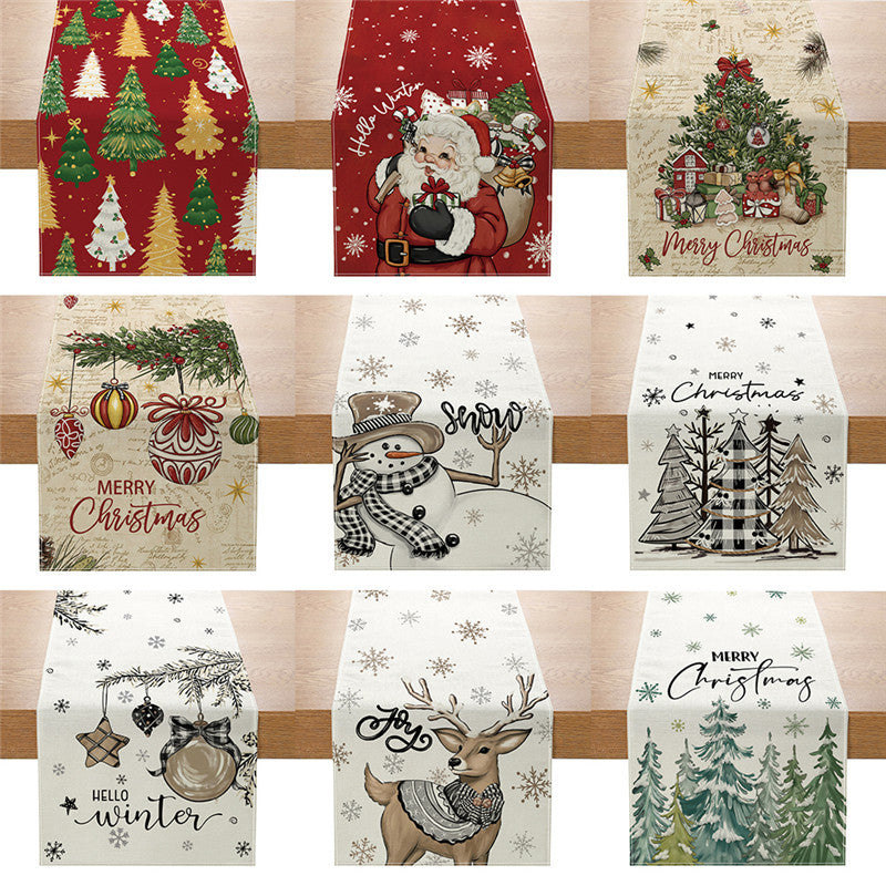 Festive Printed Cotton Linen Table Runner with Holiday Ornament Motif and Merry Christmas Script