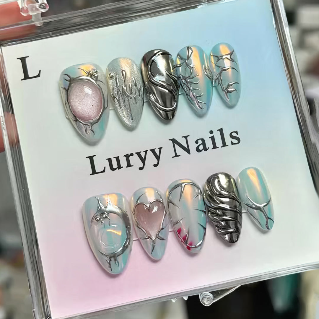 Artistic Press-On Nail Art Set with Silver and Crystal Accents Stornfield