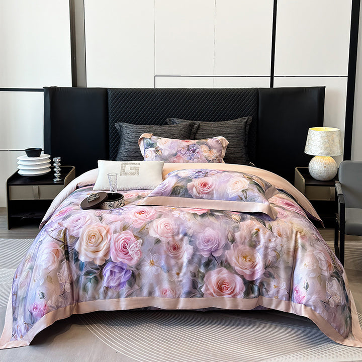 Luxurious satin bedding set with rose pattern and silky shiny surface