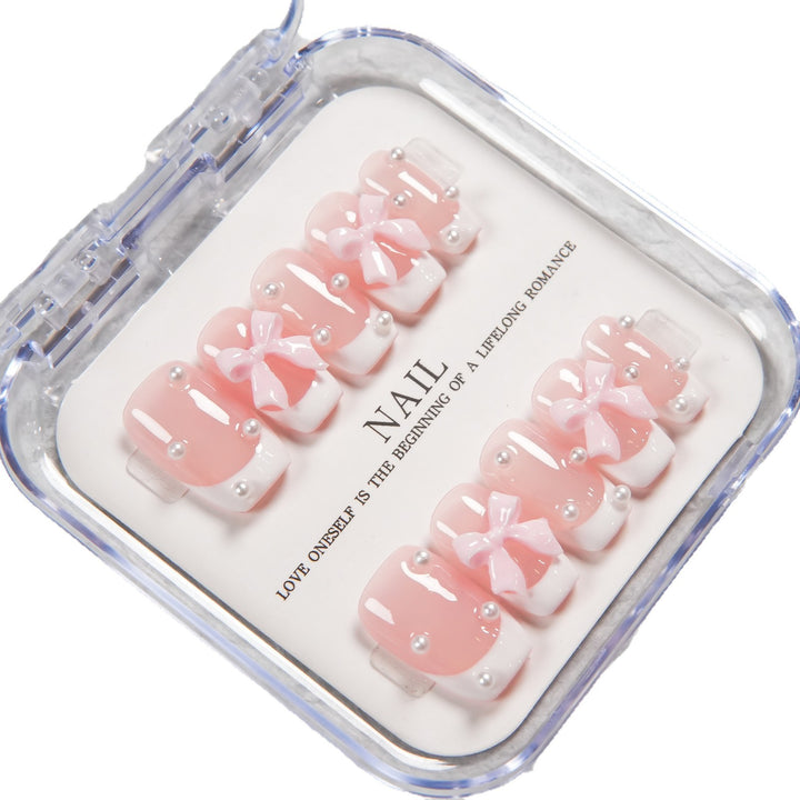 Decorative Press-On Nail Set with Bow and Pearl Accents