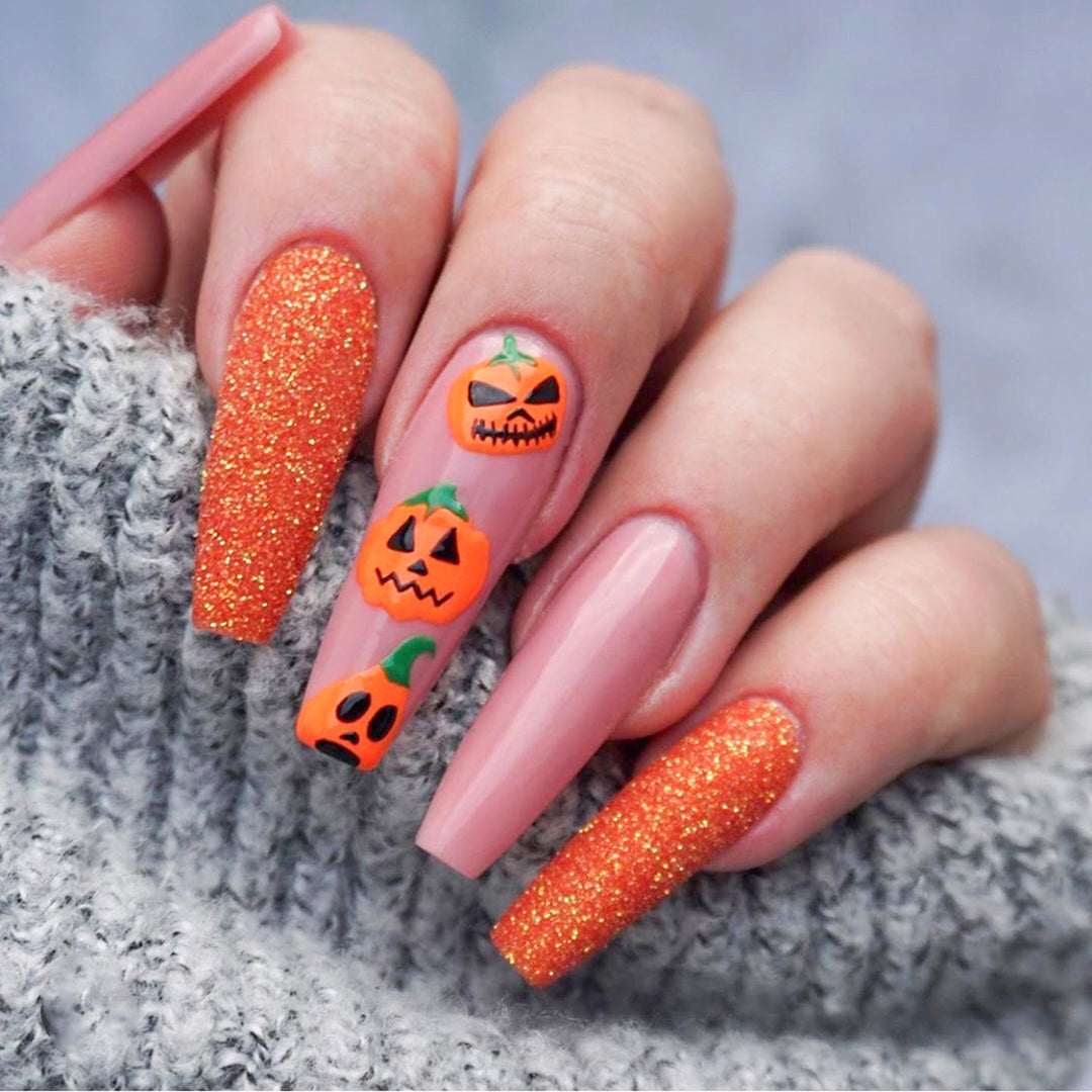 Pumpkin-Themed Stiletto Nail Art Extensions Stornfield